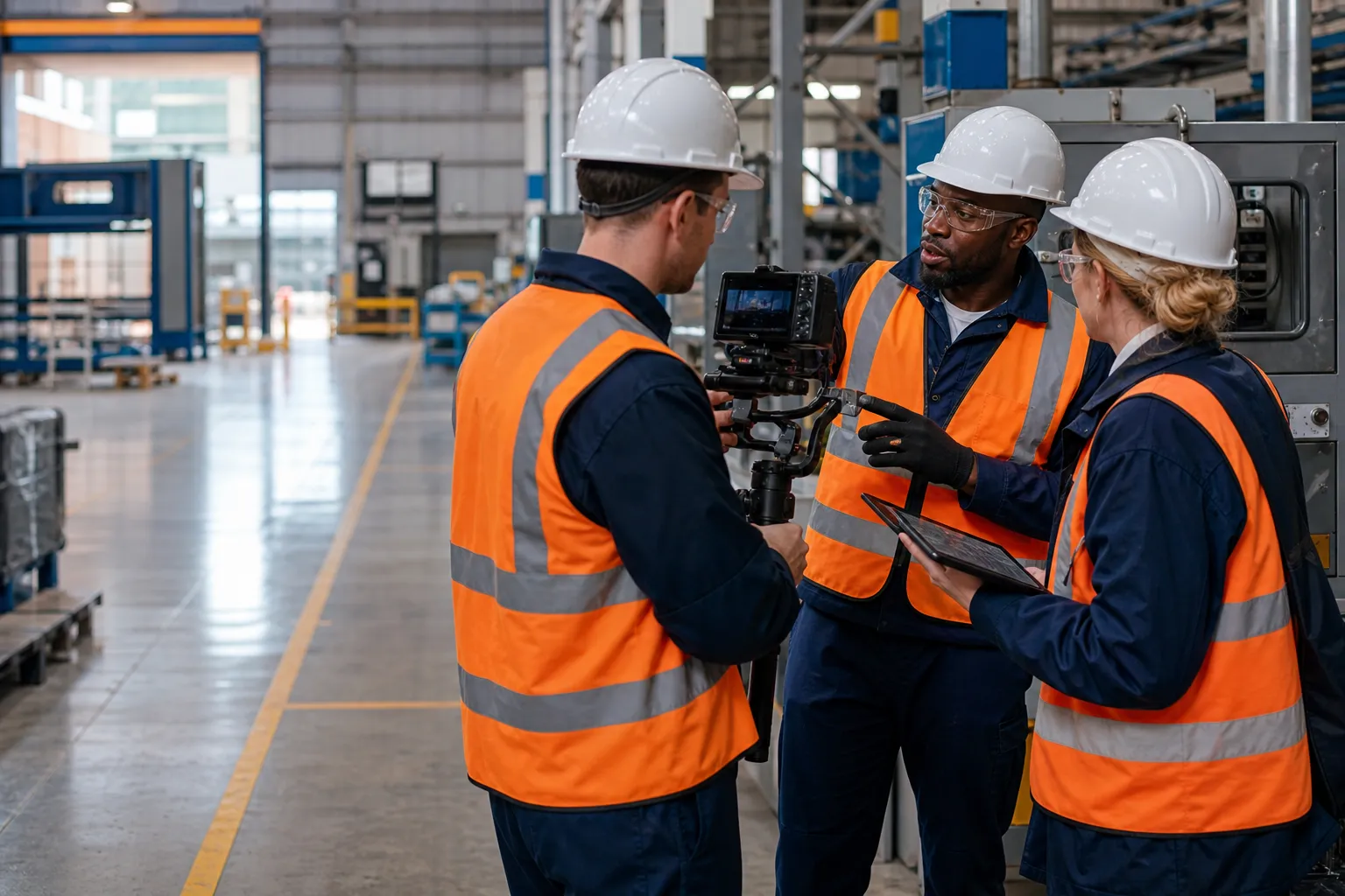 A three-person film crew reviewing a shot beside the production line