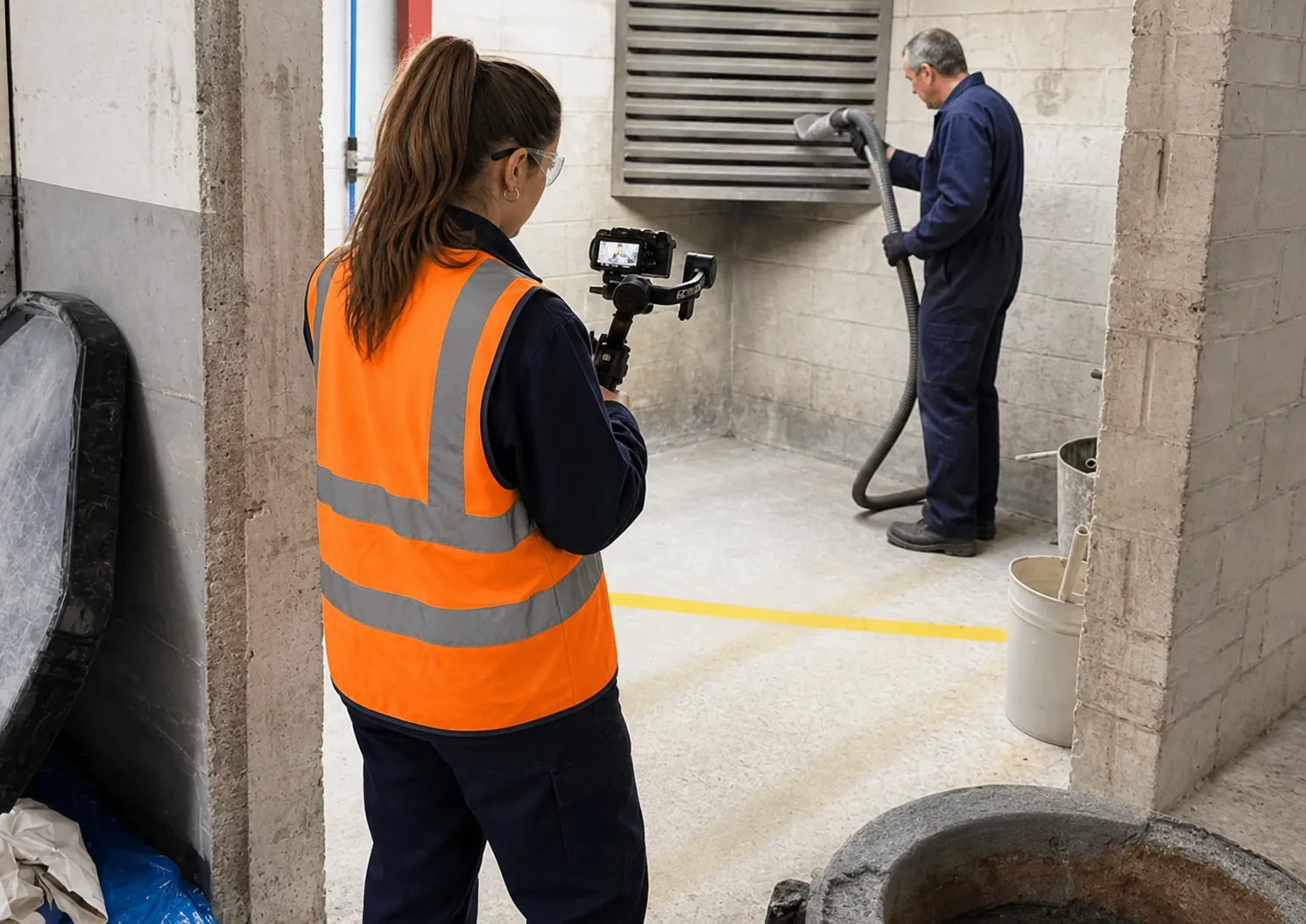 A camera operator filming a worker carrying out an extraction procedure on site