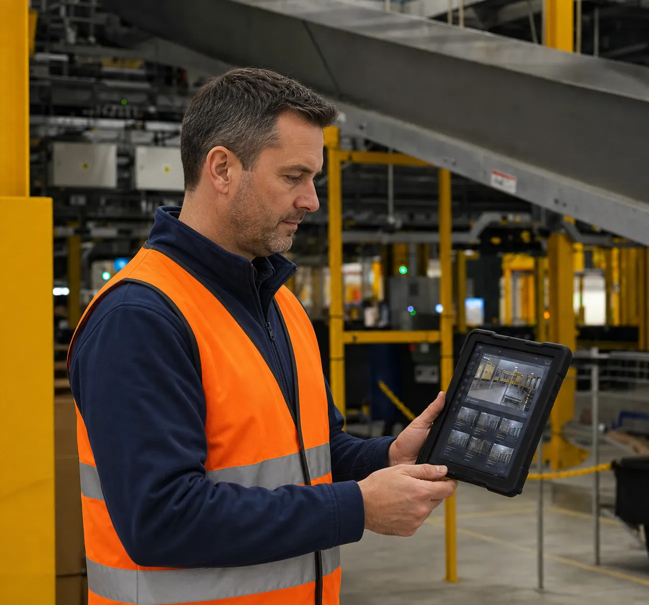 A worker in hi-vis reviewing a filmed procedure on a tablet on the warehouse floor