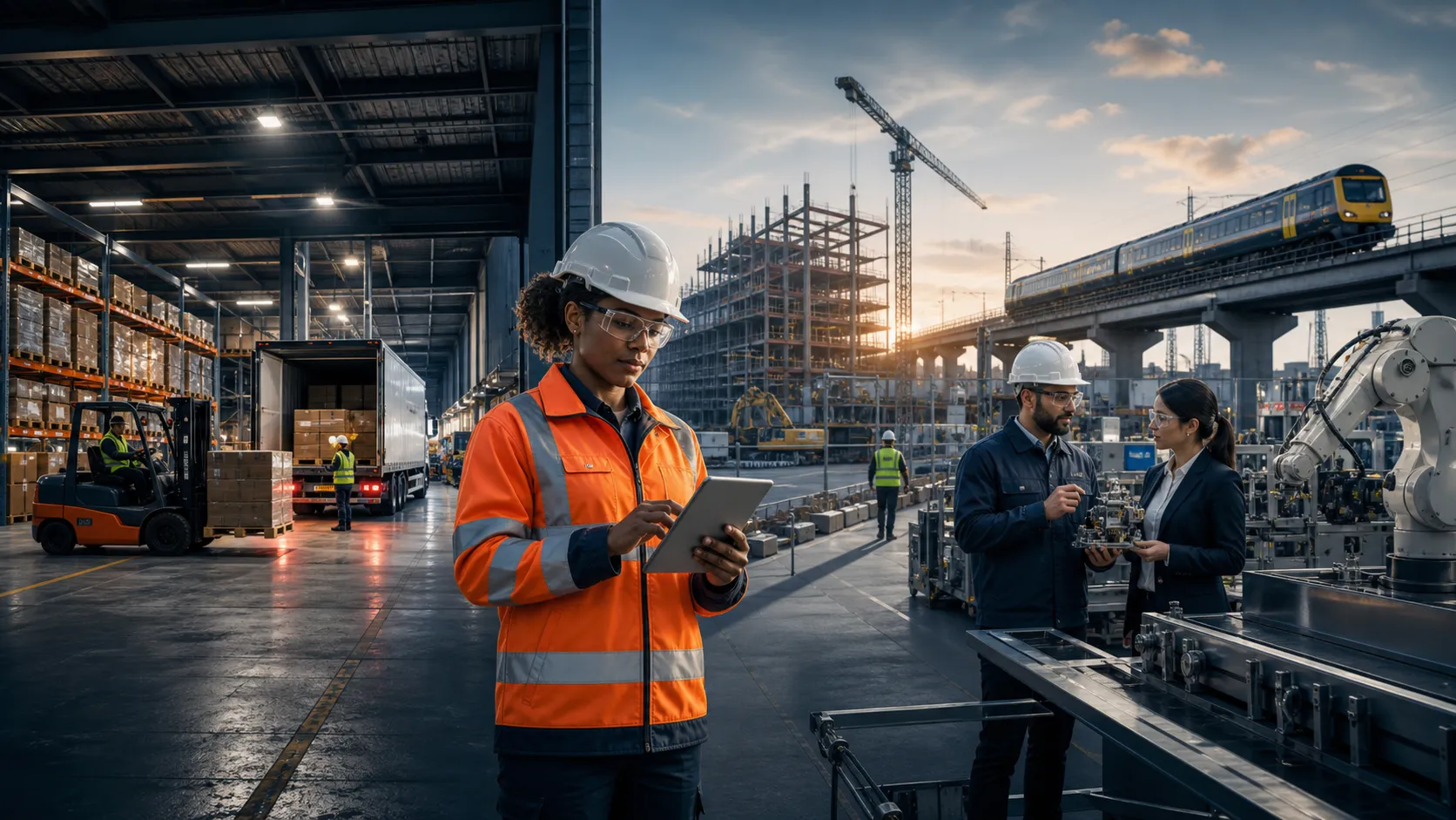 Workers across a warehouse, construction, rail and manufacturing landscape