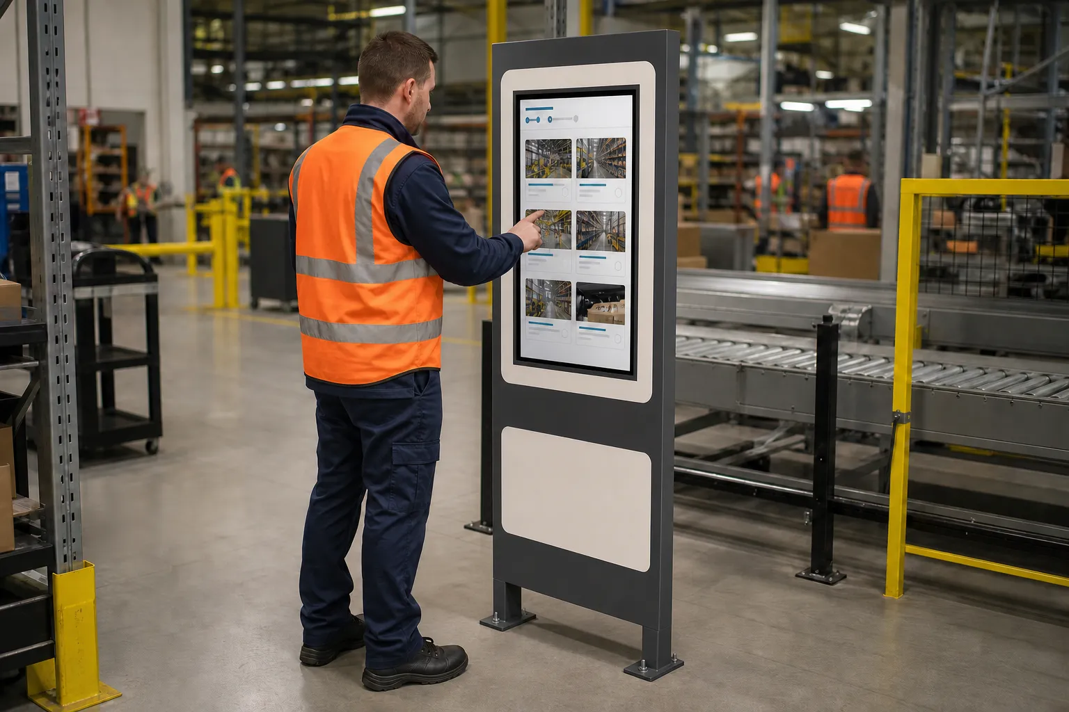 A worker using the Tili Safe Workstation beside racking on the warehouse floor