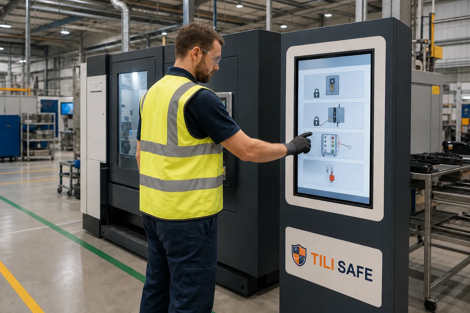 A worker using the Tili Safe Workstation beside a machine on the factory floor