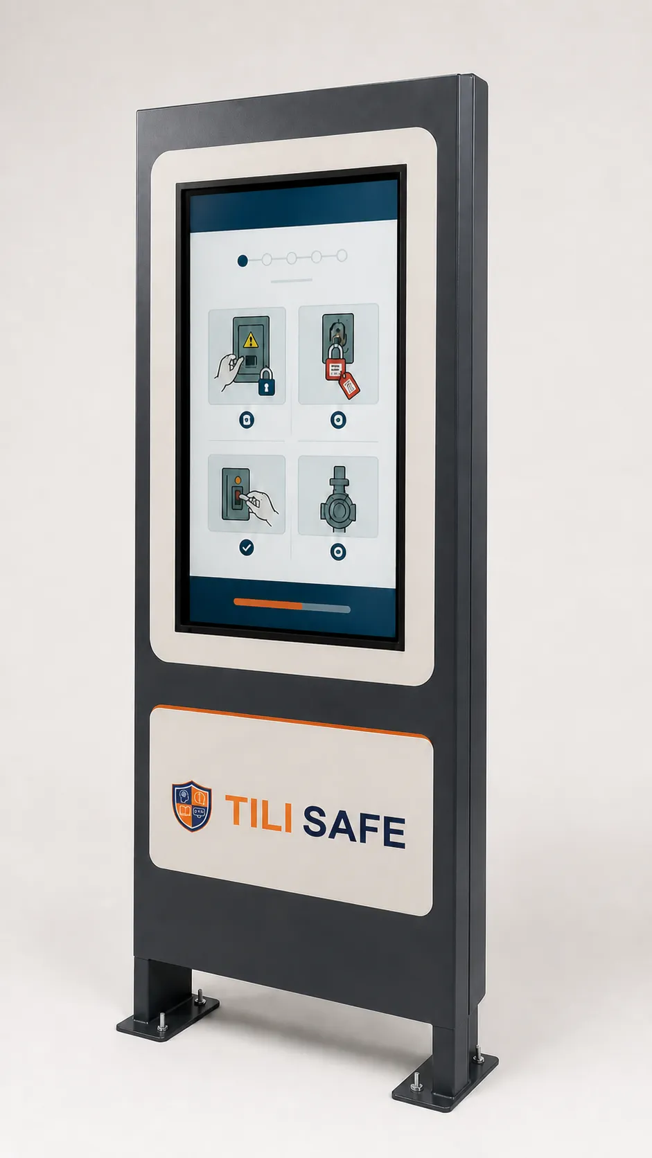 The Tili Safe Workstation: a branded floor-standing unit with a screen showing procedure steps